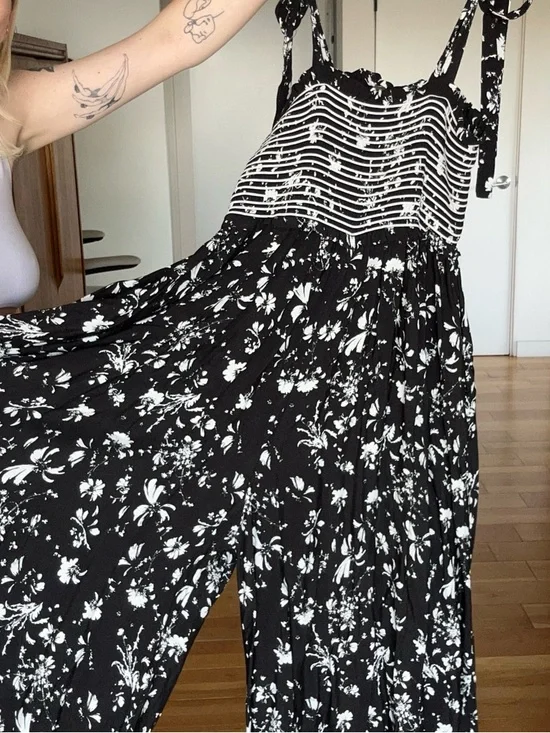 Free People Black Floral Tie-Shoulder Wide-Leg Jumpsuit - Picture 2 of 5